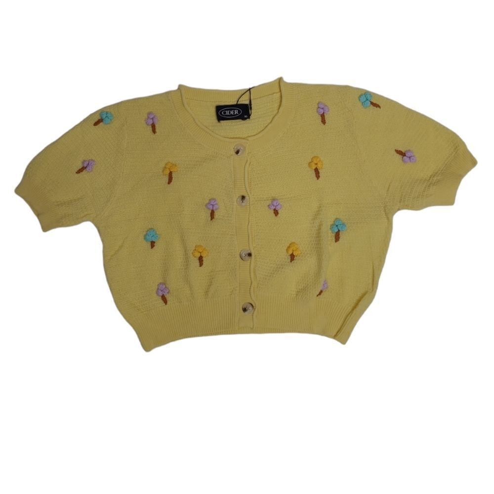 NEW Cider 3D floral yellow button up short sleeve cropped cardigan sweater S